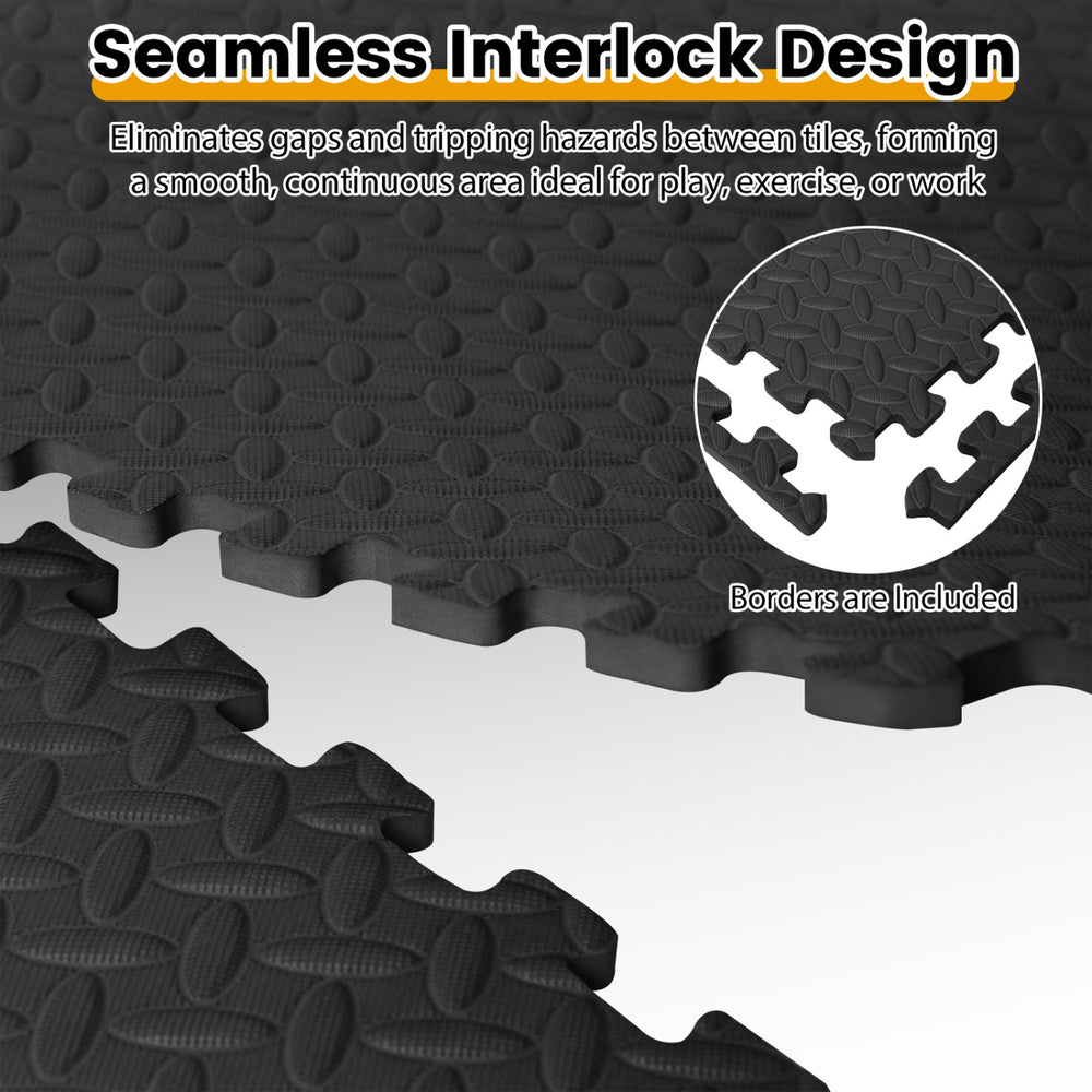 Seamless interlocking design of 24Tiles black exercise floor mats, featuring non-slip texture and included borders for.