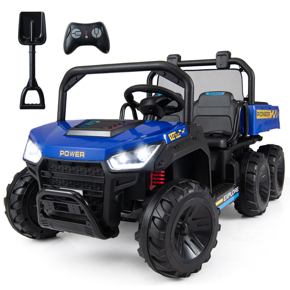 Navy 24V 2-seater kids ride-on dump truck with electric dump bed, remote control, and LED lights for outdoor fun.