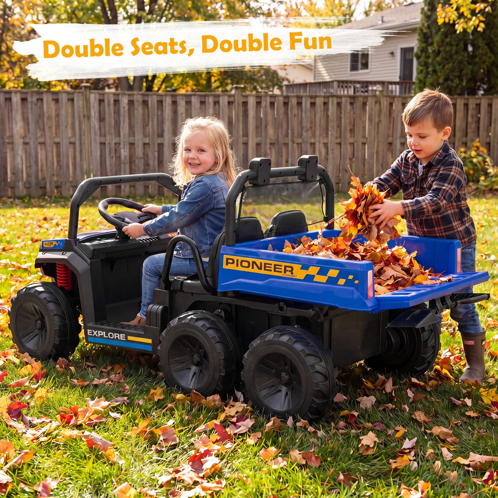Kids ride-on dump truck with electric dump bed, 4WD design, and dual seats for outdoor fun and adventure.