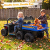 Kids ride-on dump truck with electric dump bed, 4WD design, and dual seats for outdoor fun and adventure.