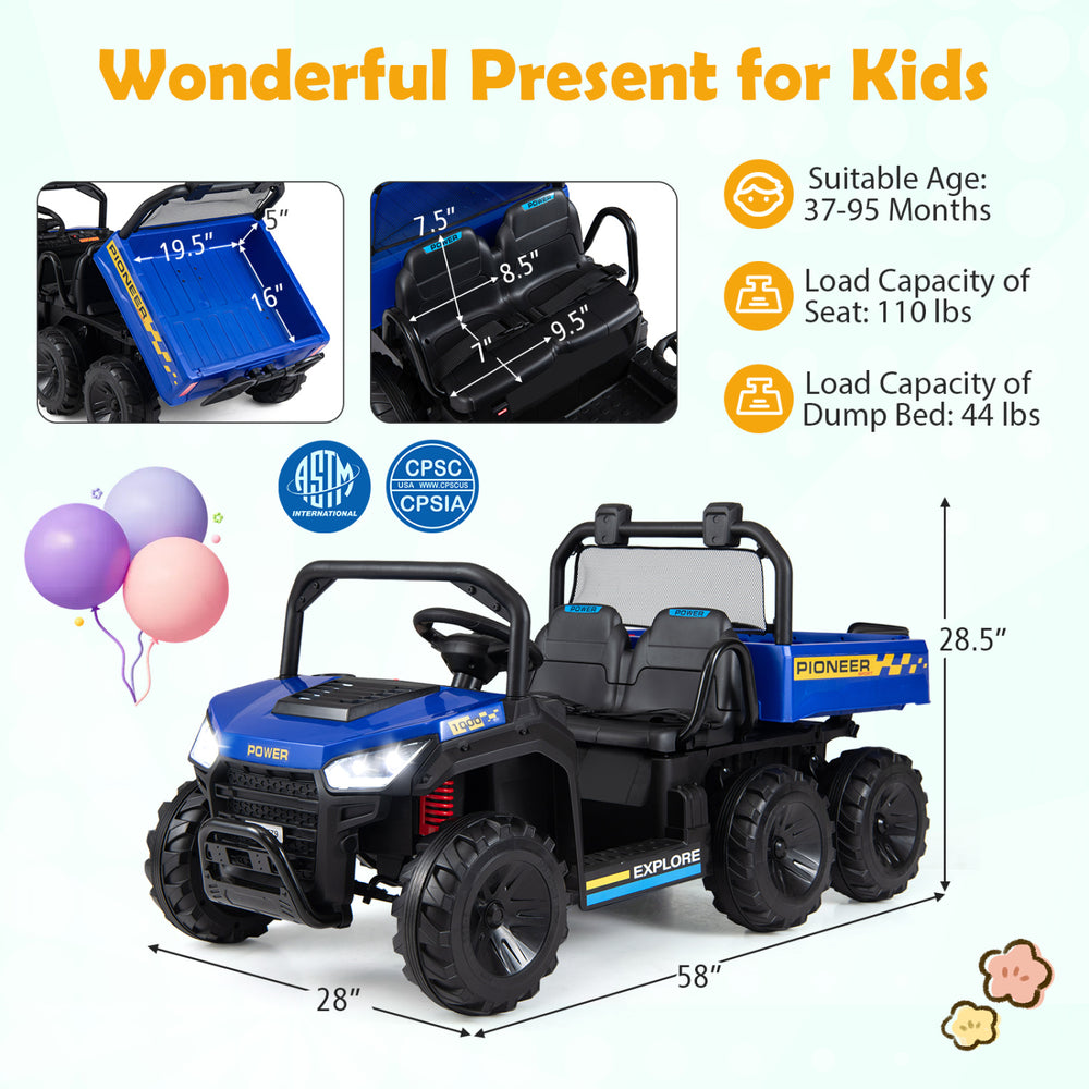 Navy 24V 2-seater kids ride-on dump truck with electric dump bed, 4WD, and LED lights for outdoor fun.
