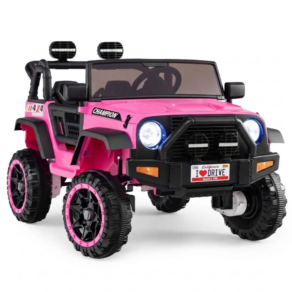 Bright pink 24V 2-seater kids ride-on truck features 4WD, lockable doors, and music for fun outdoor adventures.