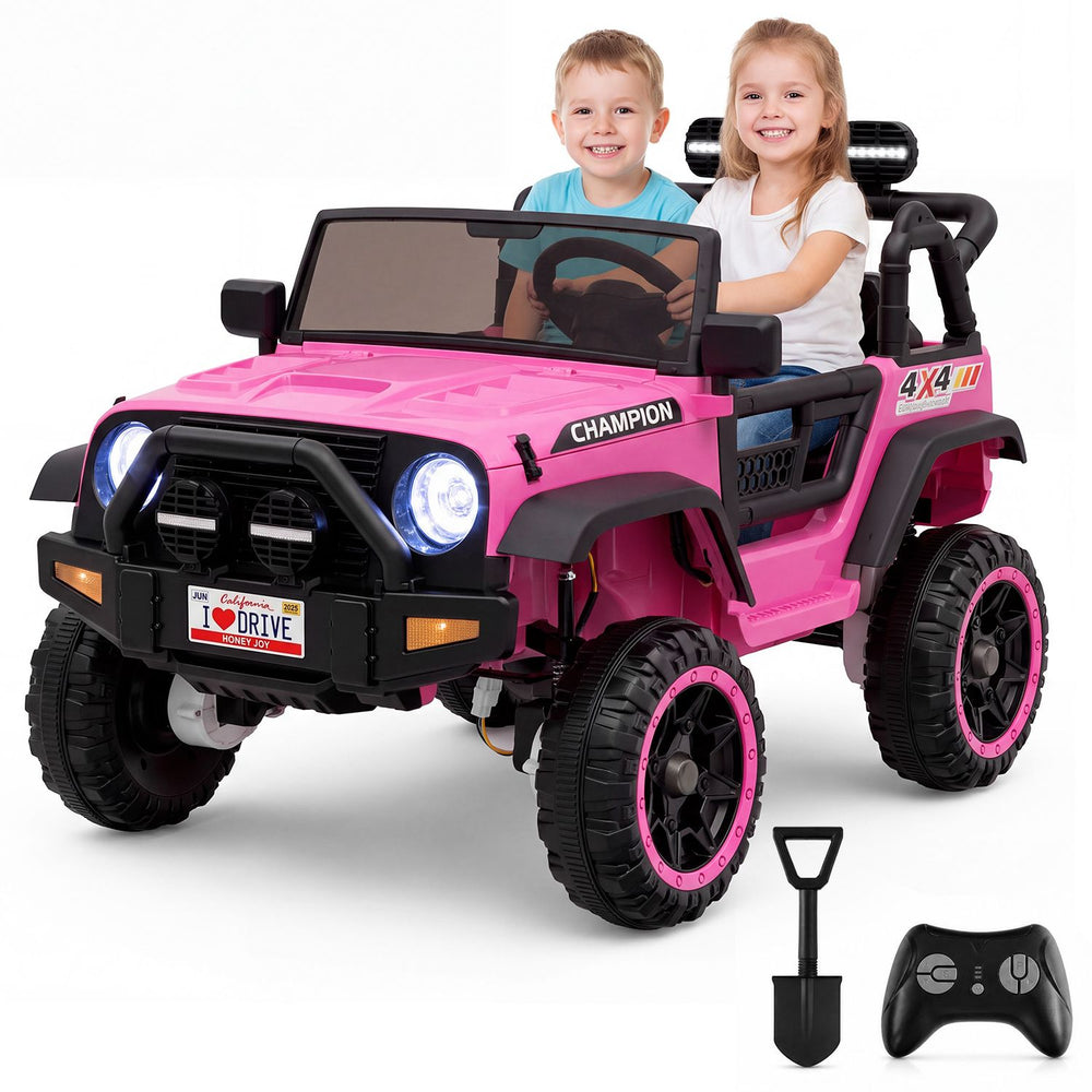 Pink 24V 2-seater kids ride-on truck with 2WD/4WD modes, lockable doors, and music features for fun outdoor adventures.