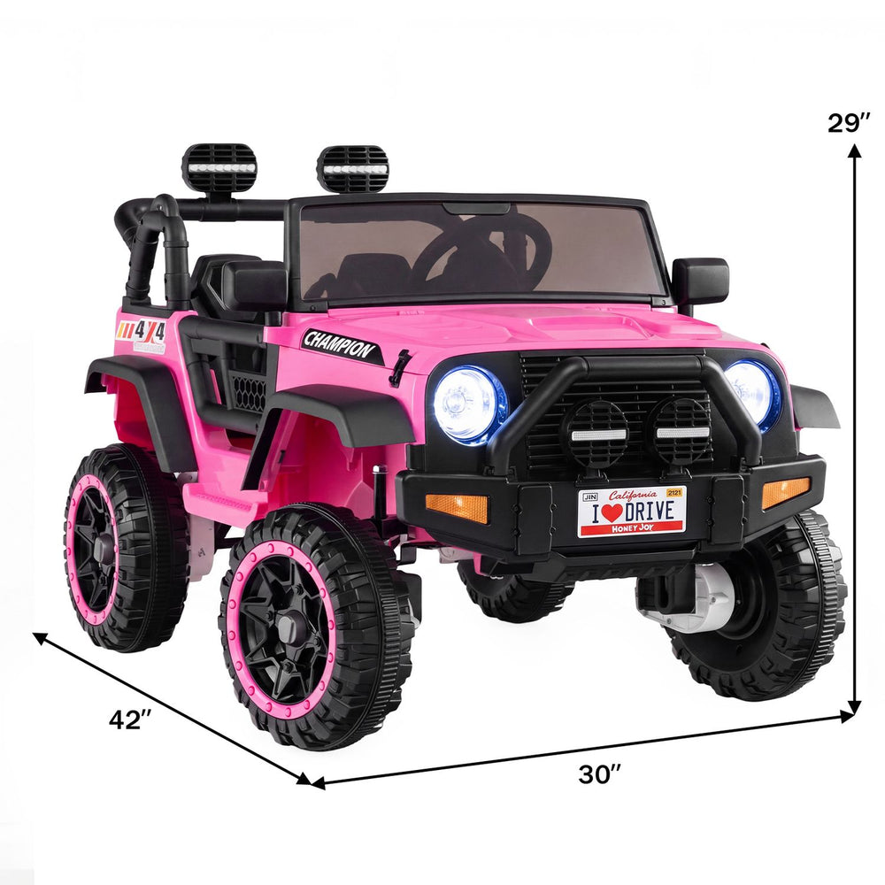 Pink 24V 2-seater kids ride-on truck features 2WD/4WD, lockable doors, and music for fun outdoor adventures.
