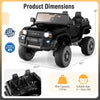 Black 24V 2-seater ride-on car with dimensions 45"x29.5"x28", suitable for kids 3+ with remote control for safe driving.