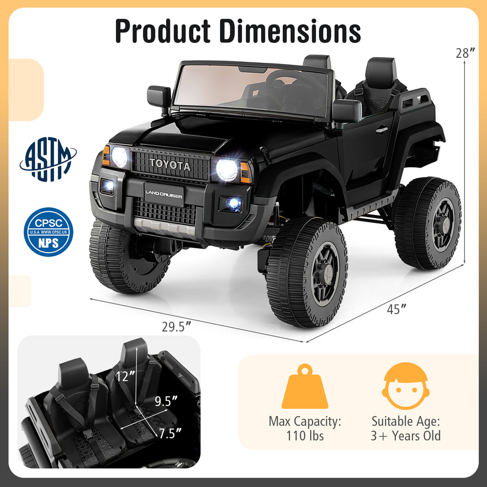 Black 24V 2-seater ride-on car with dimensions 45"x29.5"x28", suitable for kids 3+ with remote control for safe driving.