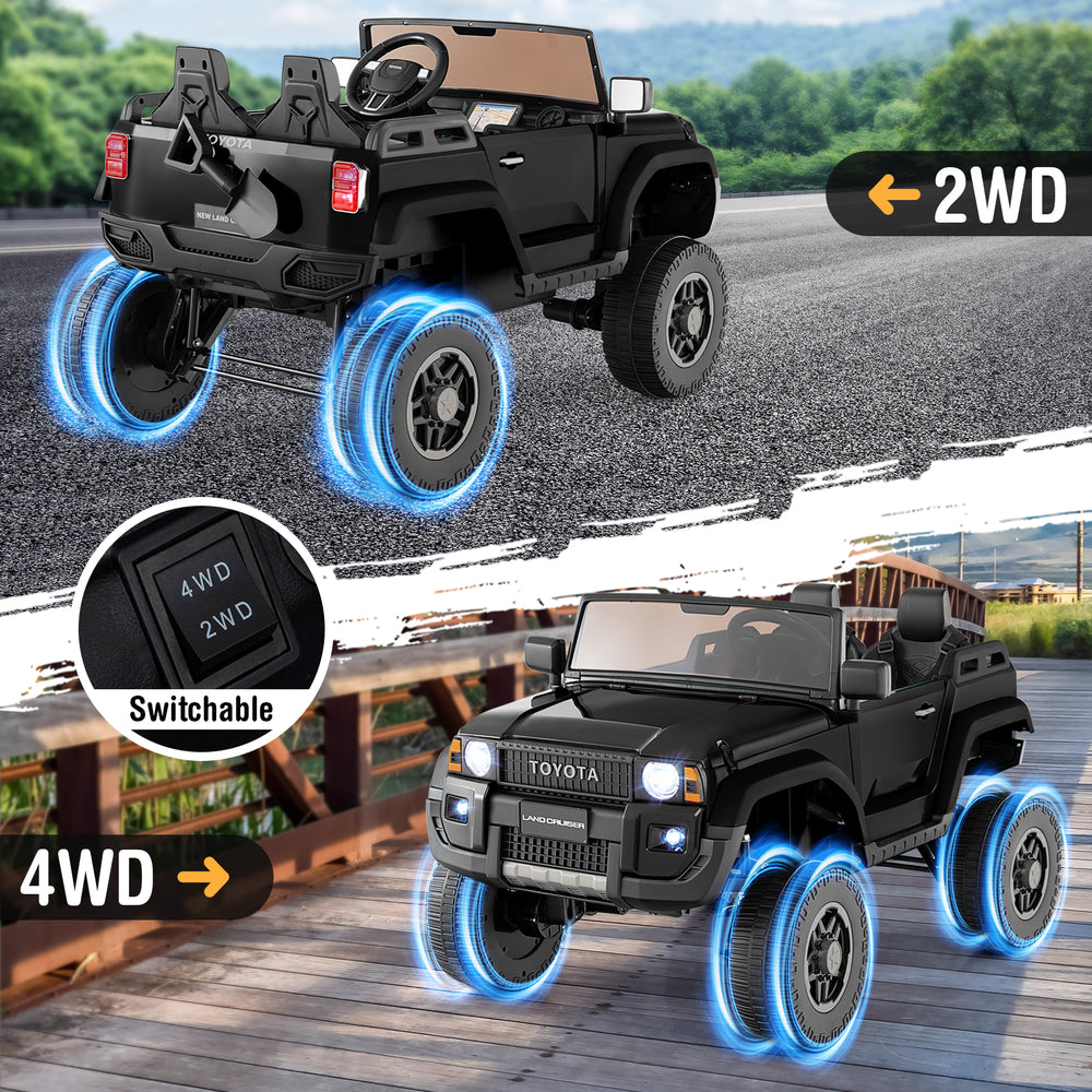 Black 24V 2 seater ride-on car with switchable 4WD/2WD, remote control, and LED lights for kids aged 3 and up.