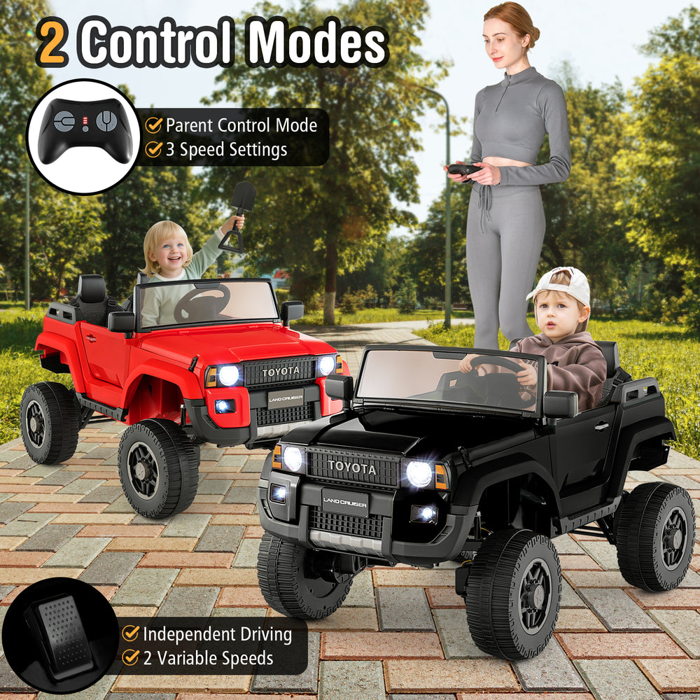 Two kids enjoying a black 24V 2-seater ride-on car with remote control, featuring 4WD/2WD switchable modes.