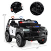 24V 2-seater ride-on police car with LED lights, megaphone, and storage trunk for kids aged 3 to 8.