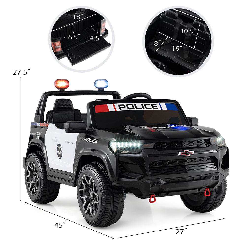 24V 2-seater ride-on police car with LED lights, megaphone, and storage trunk for kids aged 3 to 8.