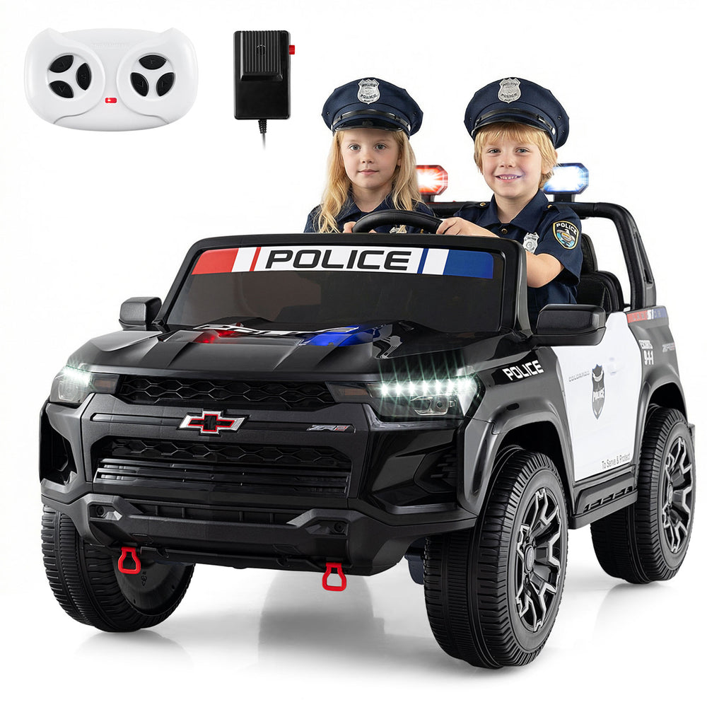 Two children enjoying a 24V 2-seater ride on police car with LED lights and remote control, perfect for ages 3 to 8.