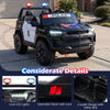 24V 2-seater ride-on police car in black with LED lights, openable doors, and safety belt for kids aged 3 to 8.