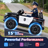 Two-seater black police car with LED lights, megaphone, and 4WD for kids aged 3-8, designed for smooth outdoor driving.