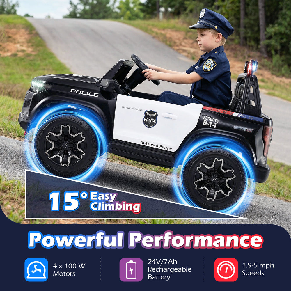 Two-seater black police car with LED lights, megaphone, and 4WD for kids aged 3-8, designed for smooth outdoor driving.