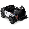 24V 2-seater black ride-on police car with megaphone, LED lights, and rear trunk for kids aged 3 to 8.