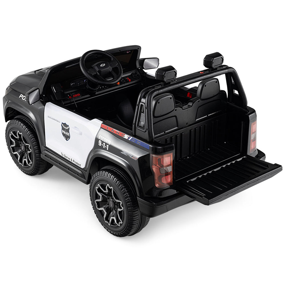 24V 2-seater black ride-on police car with megaphone, LED lights, and rear trunk for kids aged 3 to 8.