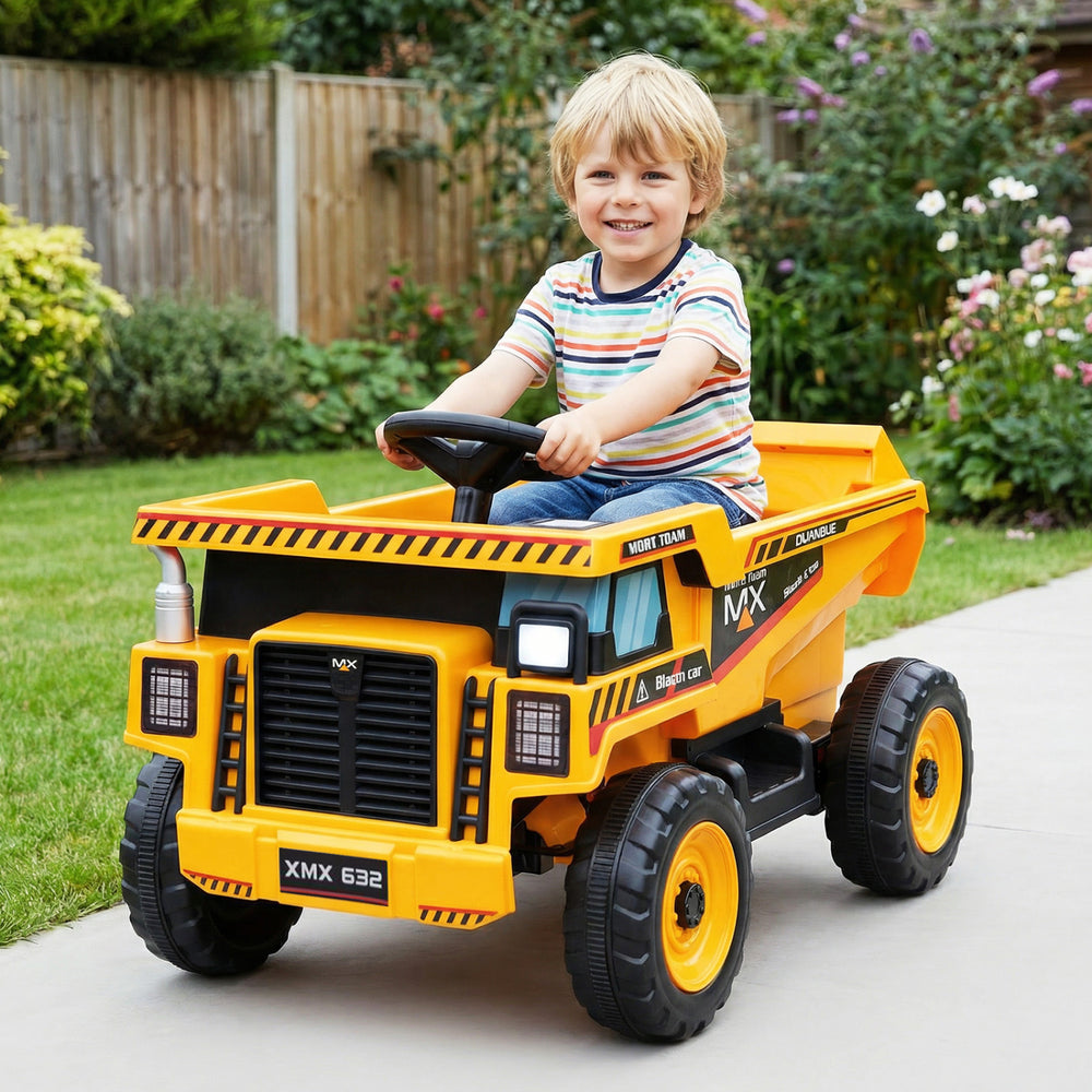 Kids ride-on 24V construction electric vehicle in yellow with dump bed, remote control, and safety features for ages.