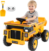 Electric construction vehicle in yellow for kids aged 3-8, featuring a dump bed, remote control, and safety belt.