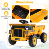 24V yellow construction electric vehicle with dump bed, remote control, and dimensions for kids aged 3-8 years.