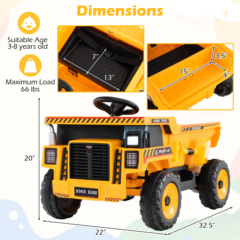 24V yellow construction electric vehicle with dump bed, remote control, and dimensions for kids aged 3-8 years.