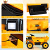 Cozy footrest and wide seat with safety belt on the yellow 24V construction electric vehicle for kids aged 3-8.