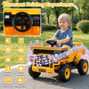 Yellow 24V construction electric vehicle with dump bed, remote control, and music features for kids aged 3-8.