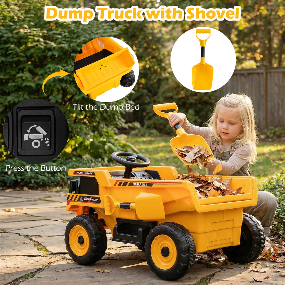 Yellow dump truck toy with shovel, featuring a tilt bed, for kids aged 3-8, perfect for outdoor fun and play.