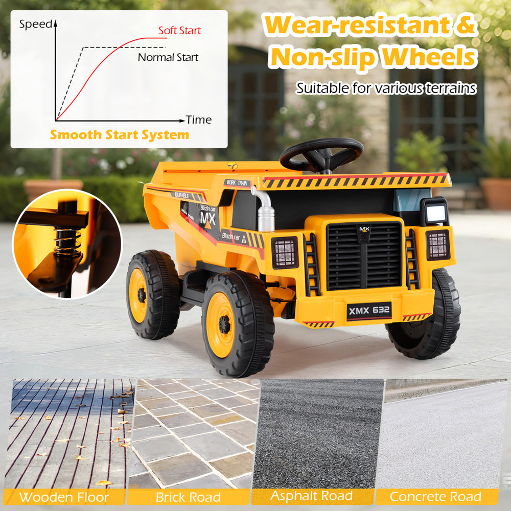 Yellow 24V construction electric vehicle with dump bed, remote control, and wear-resistant wheels for various terrains.