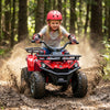 Child riding the red 24V Electric Ride On Quad through dirt, featuring LED headlights and wear-resistant wheels for.