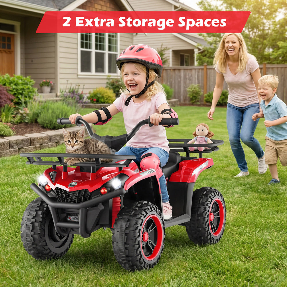Electric ride-on quad in red with LED headlights, featuring storage spaces, ideal for outdoor play and adventures.