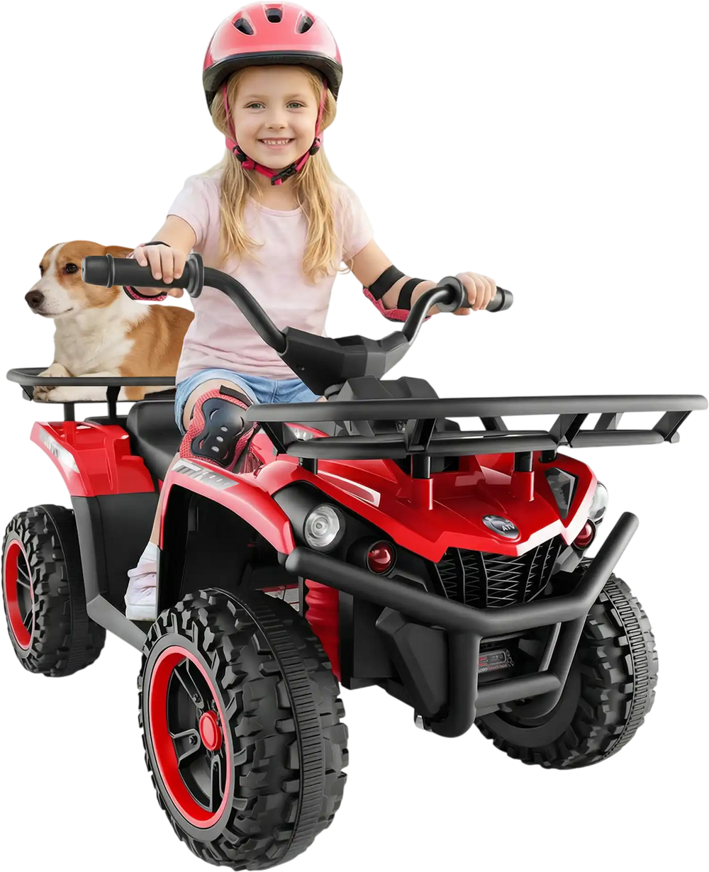 Red 24V electric ride-on quad with LED headlights, featuring a child and dog, designed for backyard fun and adventure.