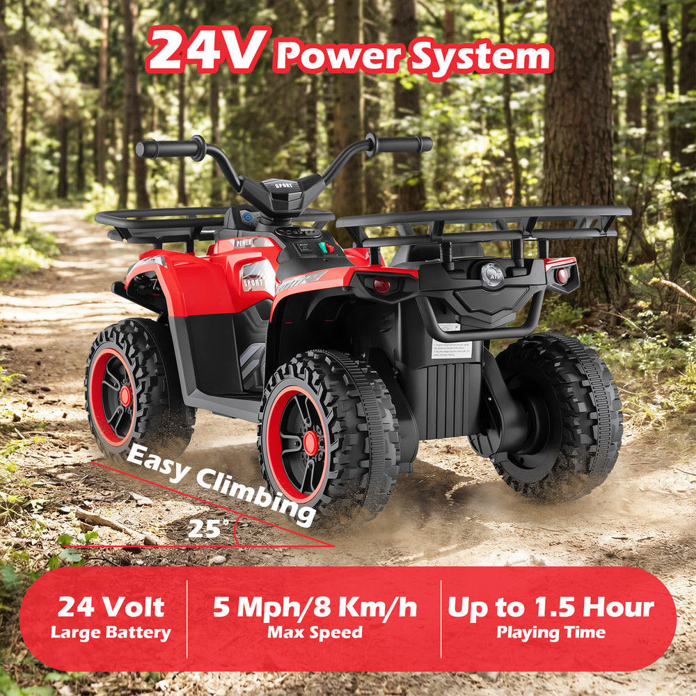 24V Electric Ride On Quad in red with LED headlights, designed for kids, featuring wear-resistant wheels for various.