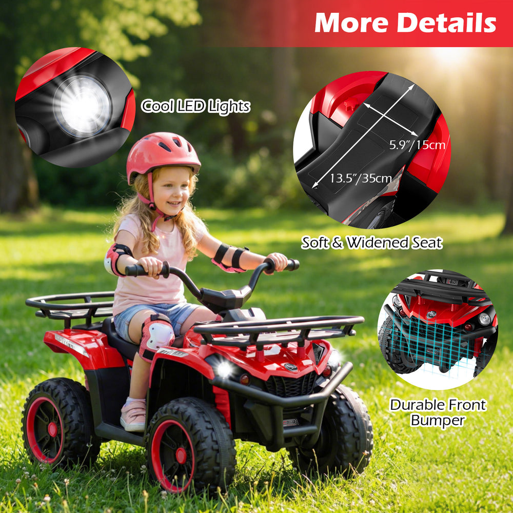 Electric ride-on quad in red with LED headlights, soft seat, and durable front bumper for safe outdoor fun.