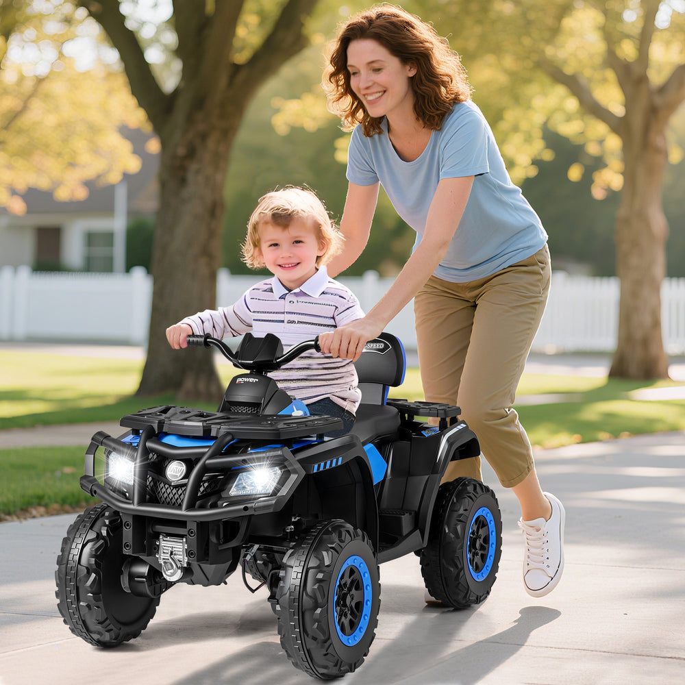 Kids 24V ATV in blue with two seats, LED lights, and music, ideal for outdoor fun on various terrains.