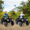 Two kids riding the 24V kids ATV 2-seater with LED lights and music, ideal for outdoor adventures.