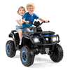 Kids riding a blue 24V ATV with 2 seats, LED lights, and music, perfect for outdoor fun and adventure.