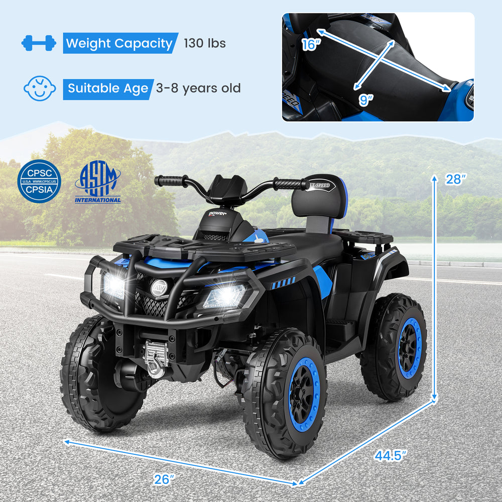 24V kids ATV in blue with 2 seats, LED lights, and music, designed for ages 3-8, ideal for various terrains.
