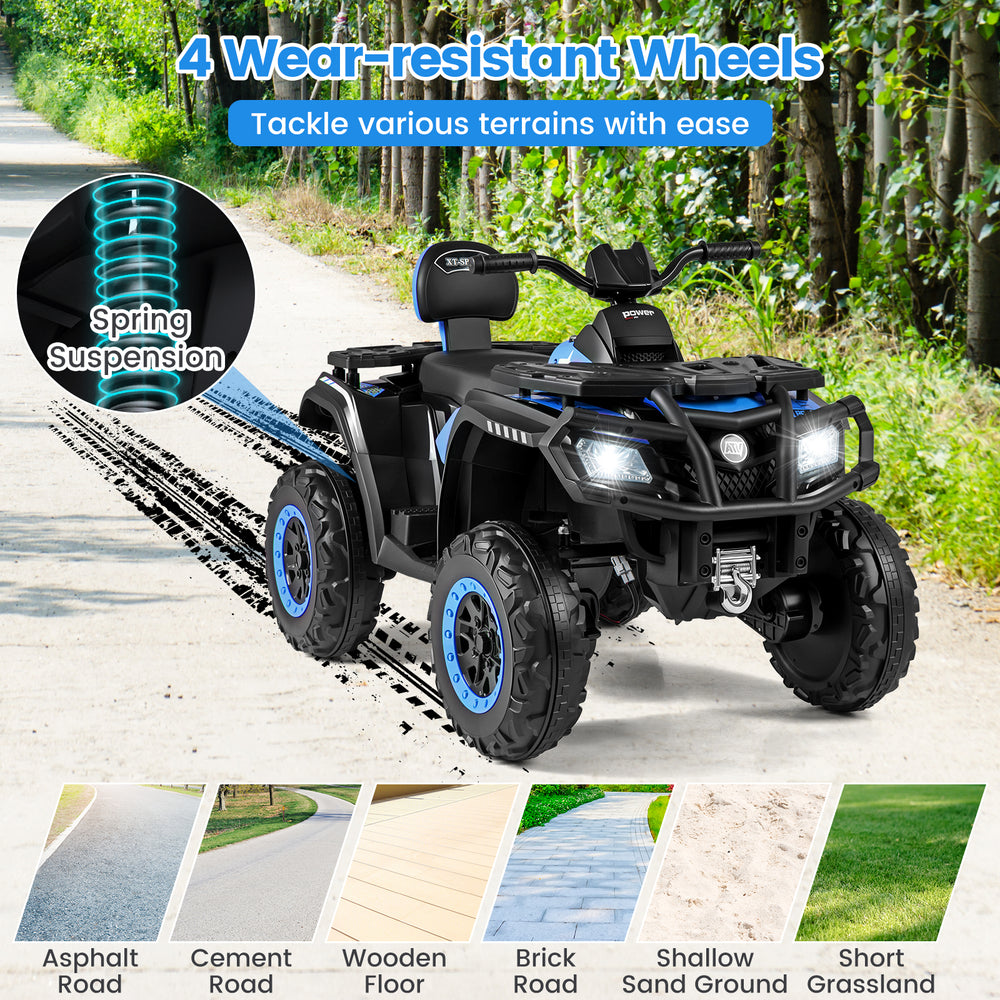 24V kids ATV in blue with 4 wear-resistant wheels, designed for various terrains, featuring LED lights and music.
