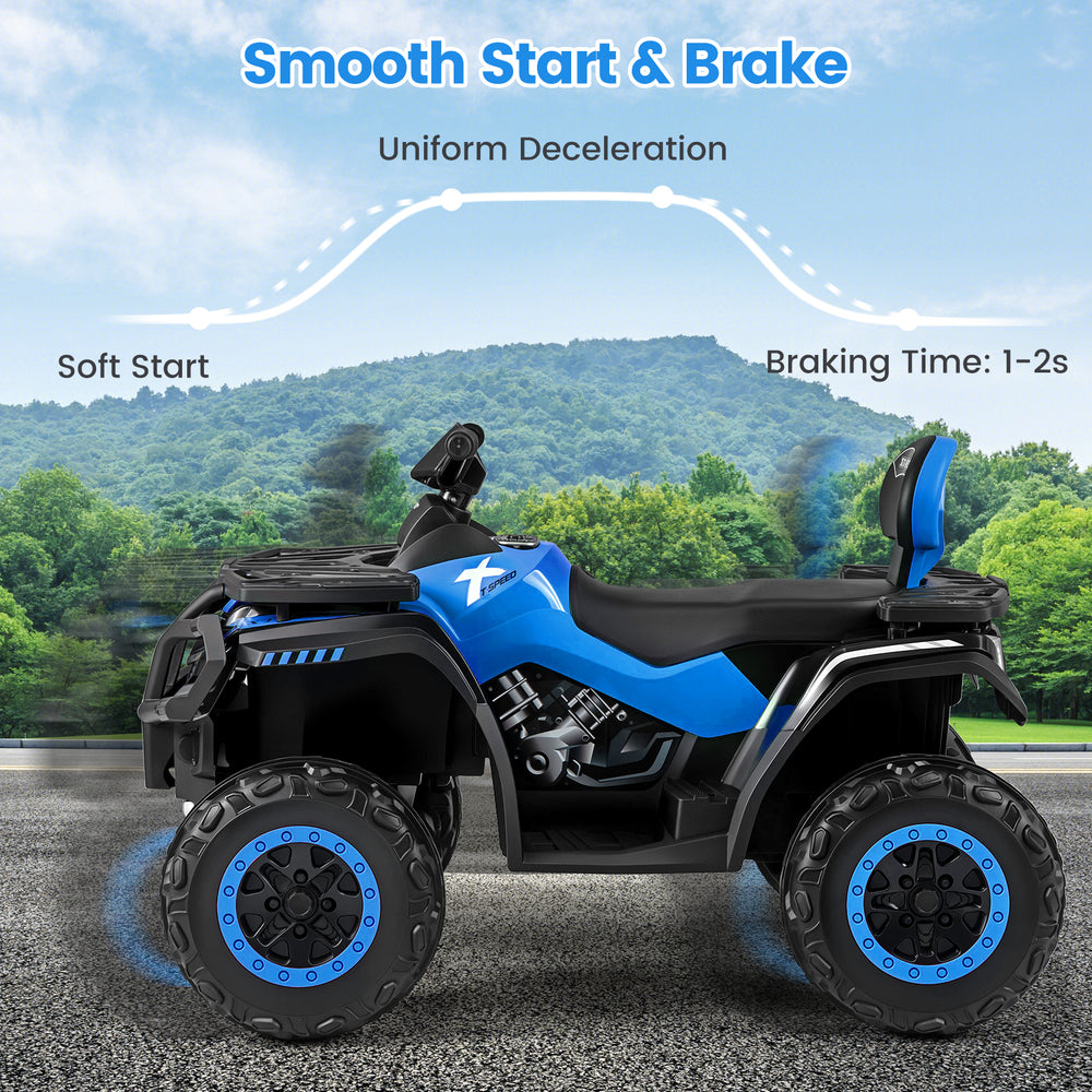 Kids 24V ATV in blue with 4 motors, 2 seats, and LED lights, designed for smooth rides on various terrains.