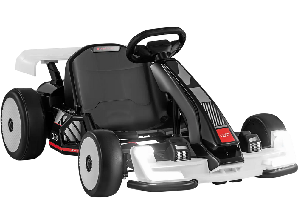 Kids go-kart in black and white with adjustable length, LED lights, and 24V battery for thrilling outdoor fun.