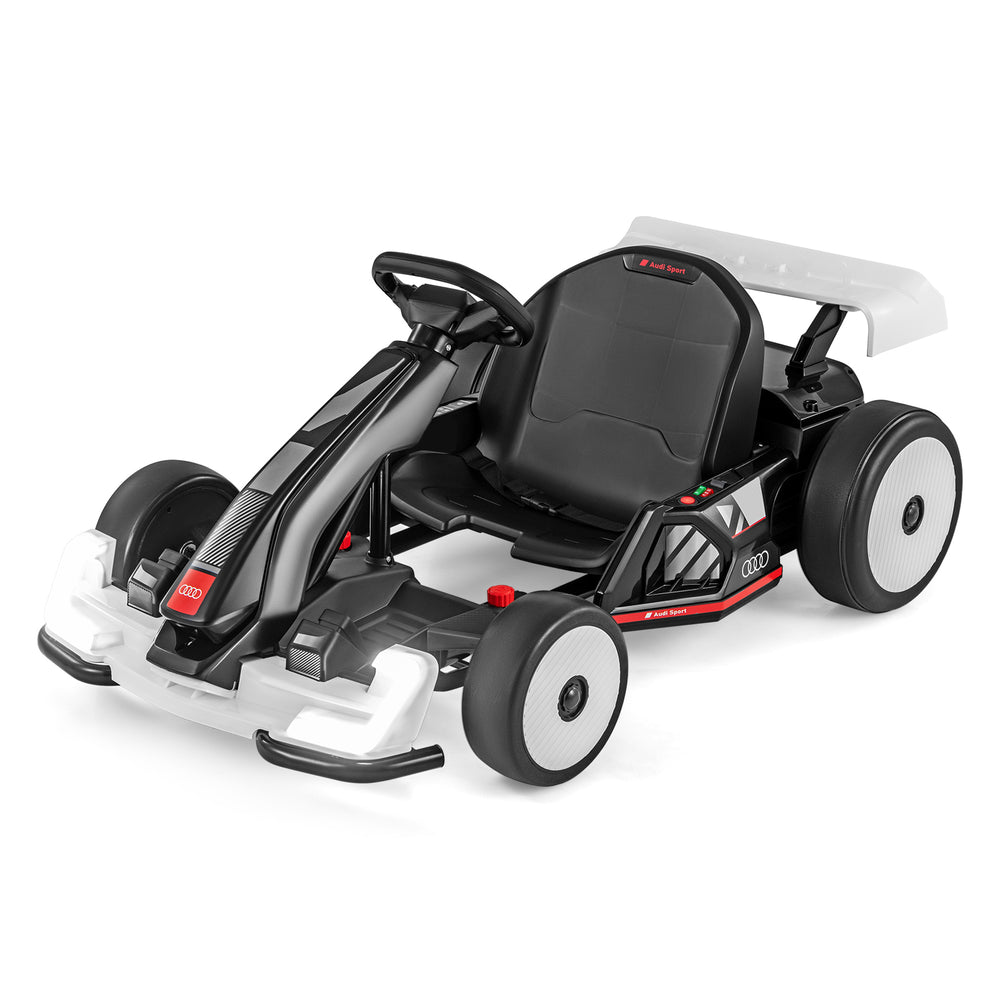 Kids go-kart in black and white with adjustable length, LED lights, and 24V battery for thrilling rides.
