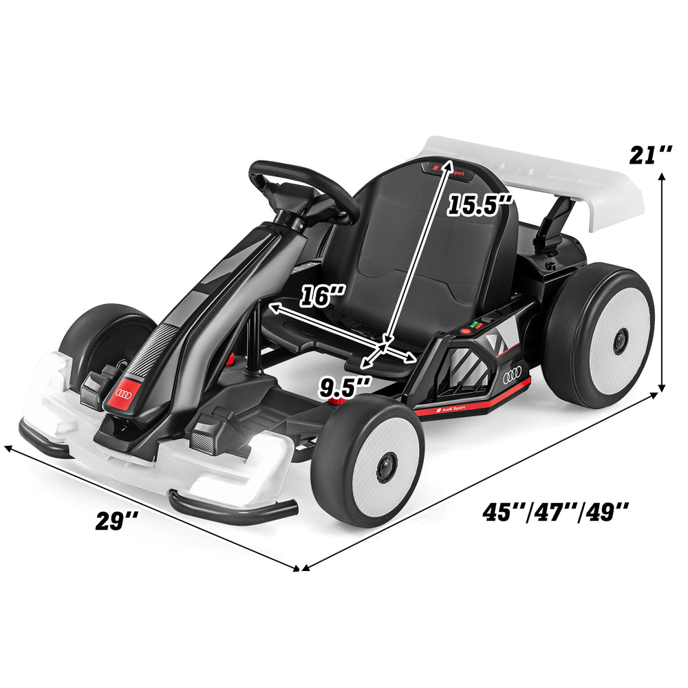 Audi licensed 24V kids go kart in black and white, featuring adjustable length, LED lights, and wear-resistant wheels.