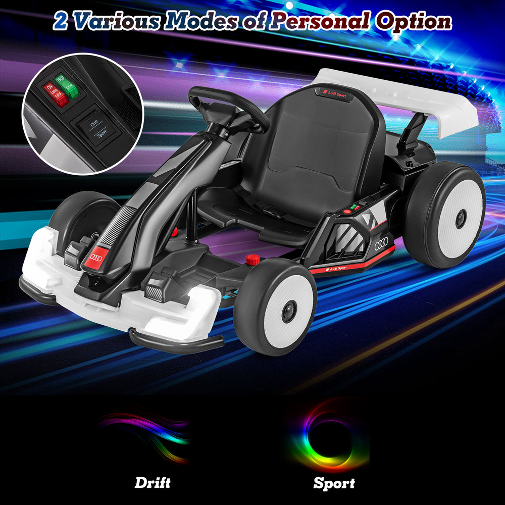 Kids go kart with adjustable length, 24V battery, and drift/sport modes for fun outdoor racing adventures.