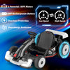 Black and white 24V kids go kart with adjustable length, LED lights, and two powerful 150W motors for thrilling rides.