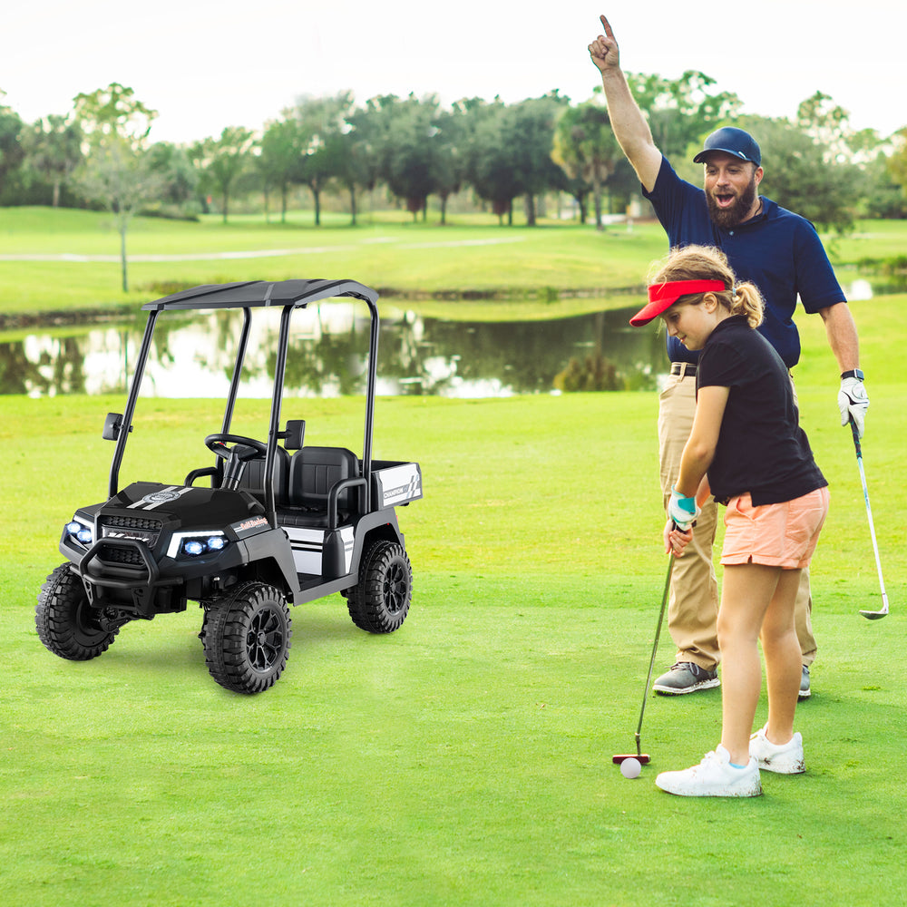 Kids golf cart in black with detachable awning, 2-seater, and storage trunk, perfect for outdoor playtime.