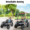 Kids 24V black golf cart with detachable awning, 2-seater, storage trunk, and safety features for outdoor fun.