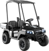 Black 24V kids golf cart with detachable awning, 2 seats, storage trunk, and safety features for outdoor fun.