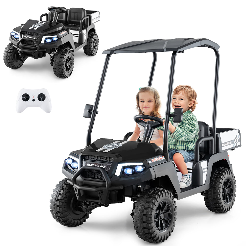 Kids 24V black golf cart ride-on car with detachable awning, 2 seats, storage trunk, and remote control for fun outdoor.