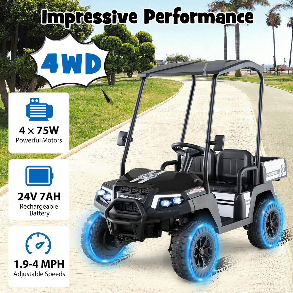 Black 24V kids golf cart with 4WD, 2-seater design, detachable awning, and large storage trunk for outdoor fun.