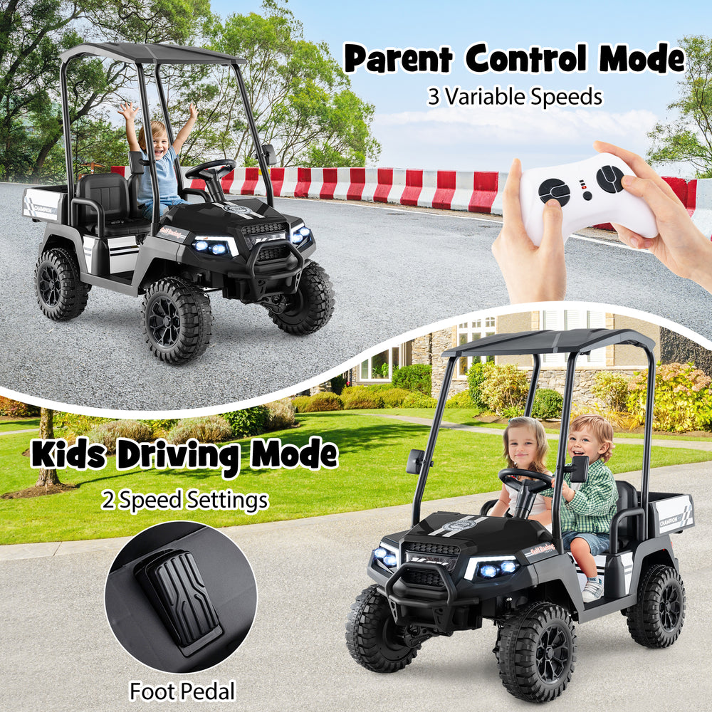 24V kids golf cart in black with parent control mode, 4WD, and spacious seating for two, ideal for outdoor fun.